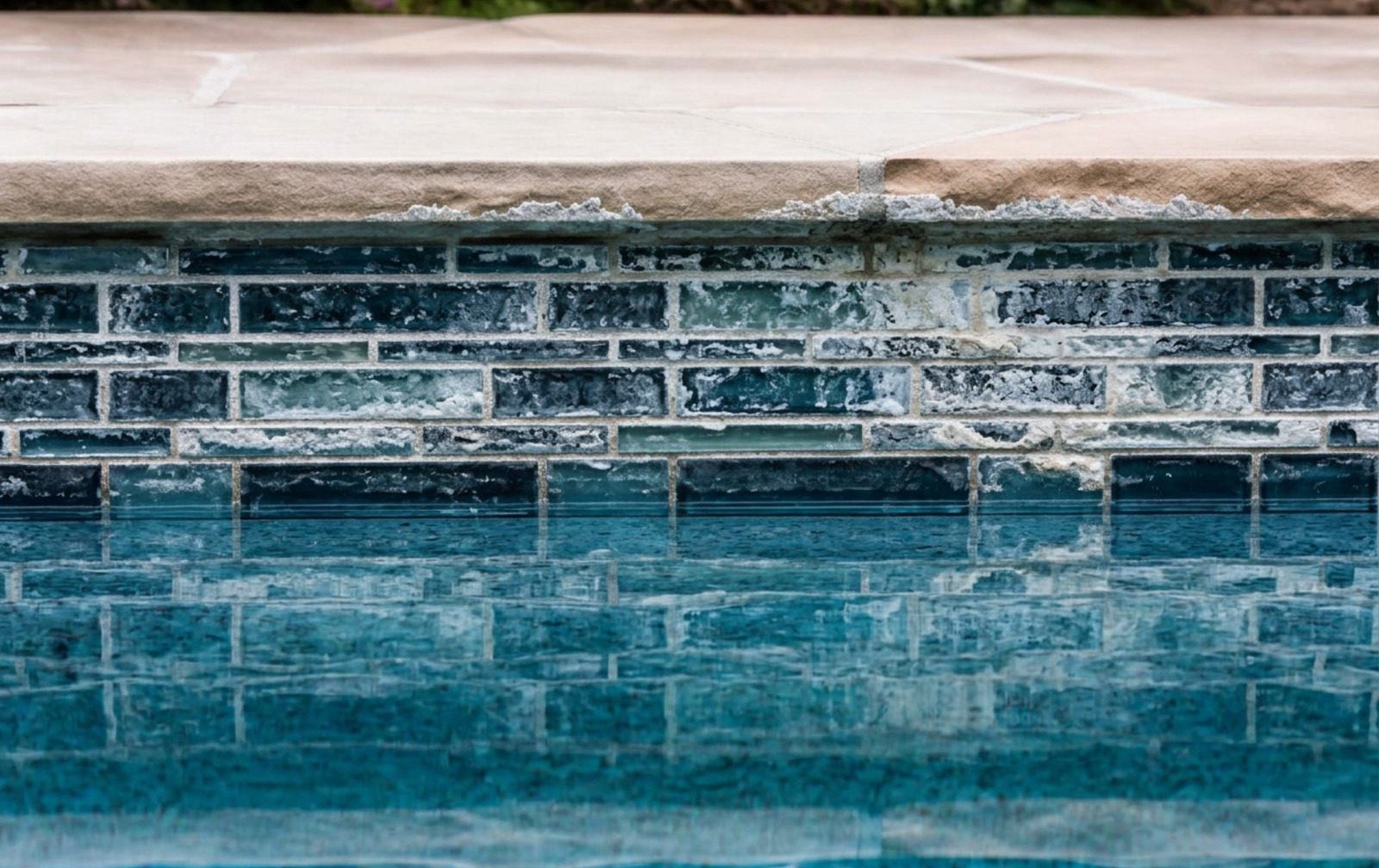 The same pool waterline covered in heavy white calcium scale before treatment