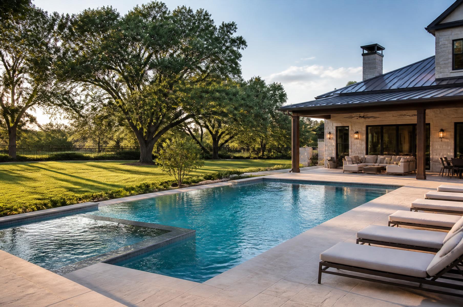 Upscale Texas backyard with a clean rectangular pool, spa and limestone patio