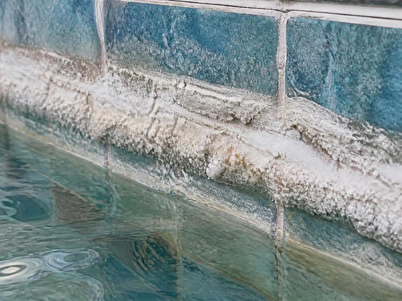 Close-up of heavy white calcium and hard-water scale crusted along a pool waterline tile