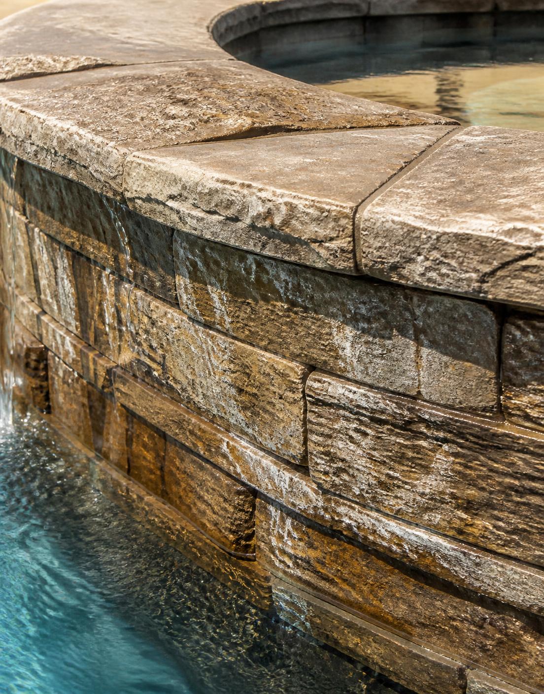 Natural stone spa wall with faint mineral staining
